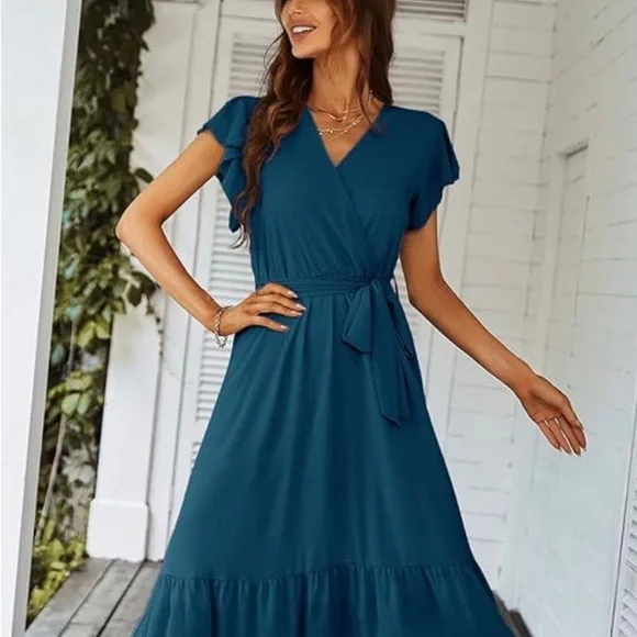 NWT PrettyGarden XXL flowy &flattering blue dress Wrap Vneck ruffle sleeve - Picture 2 of 10